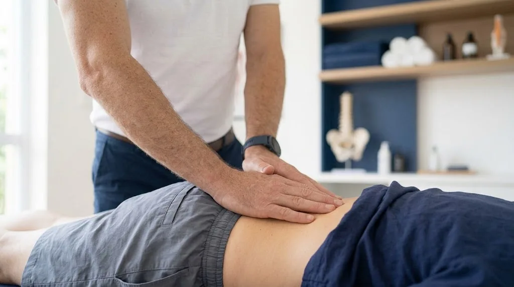 Mãos do fisioterapeuta avaliando a região lombar de uma paciente (imagem ilustrativa)