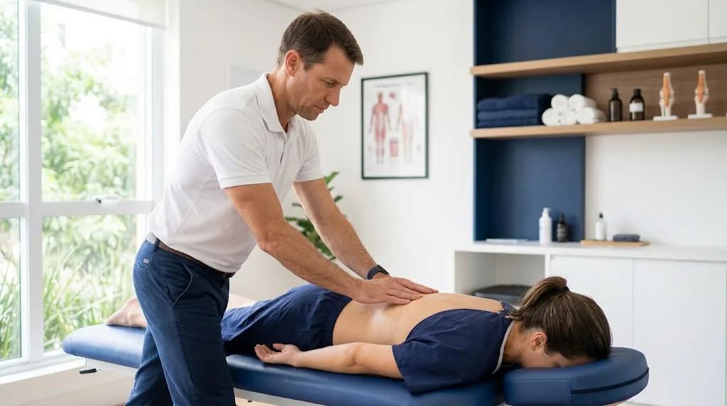 Fisioterapeuta avaliando a coluna lombar de uma paciente deitada de bruços (imagem ilustrativa)