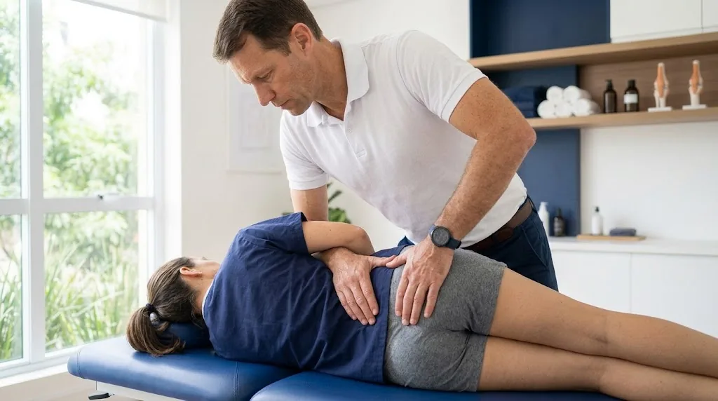 Fisioterapeuta realizando ajuste de quiropraxia com a paciente deitada de lado (imagem ilustrativa)